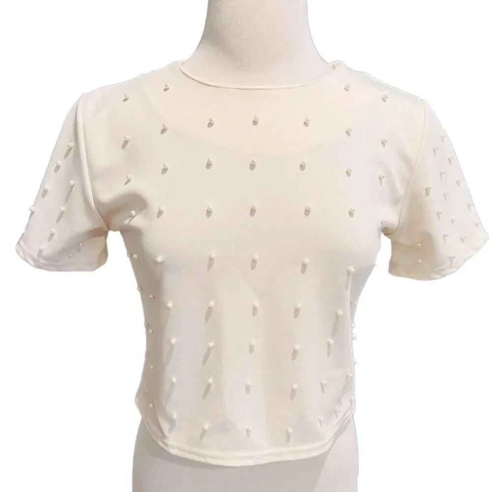 Snidel Cropped Top Pearl Appliqué Beige Size M